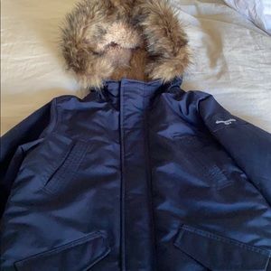 Super new warm navy blue coat. Faux fur